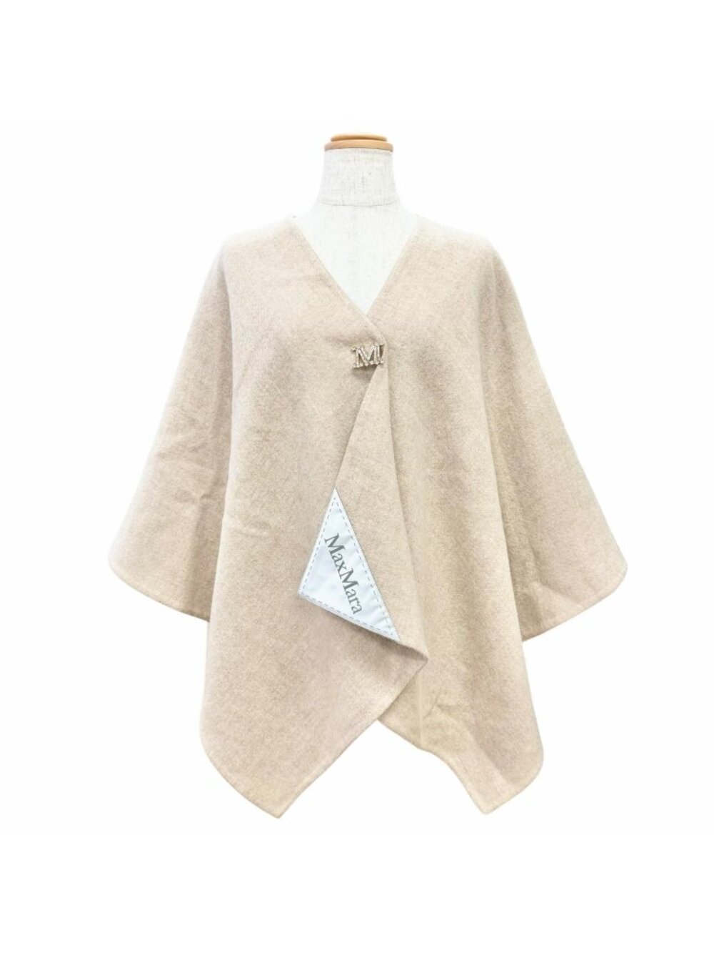 Max Mara Serra Sella Alpaca Wool Cape Poncho with Brooch Beige M